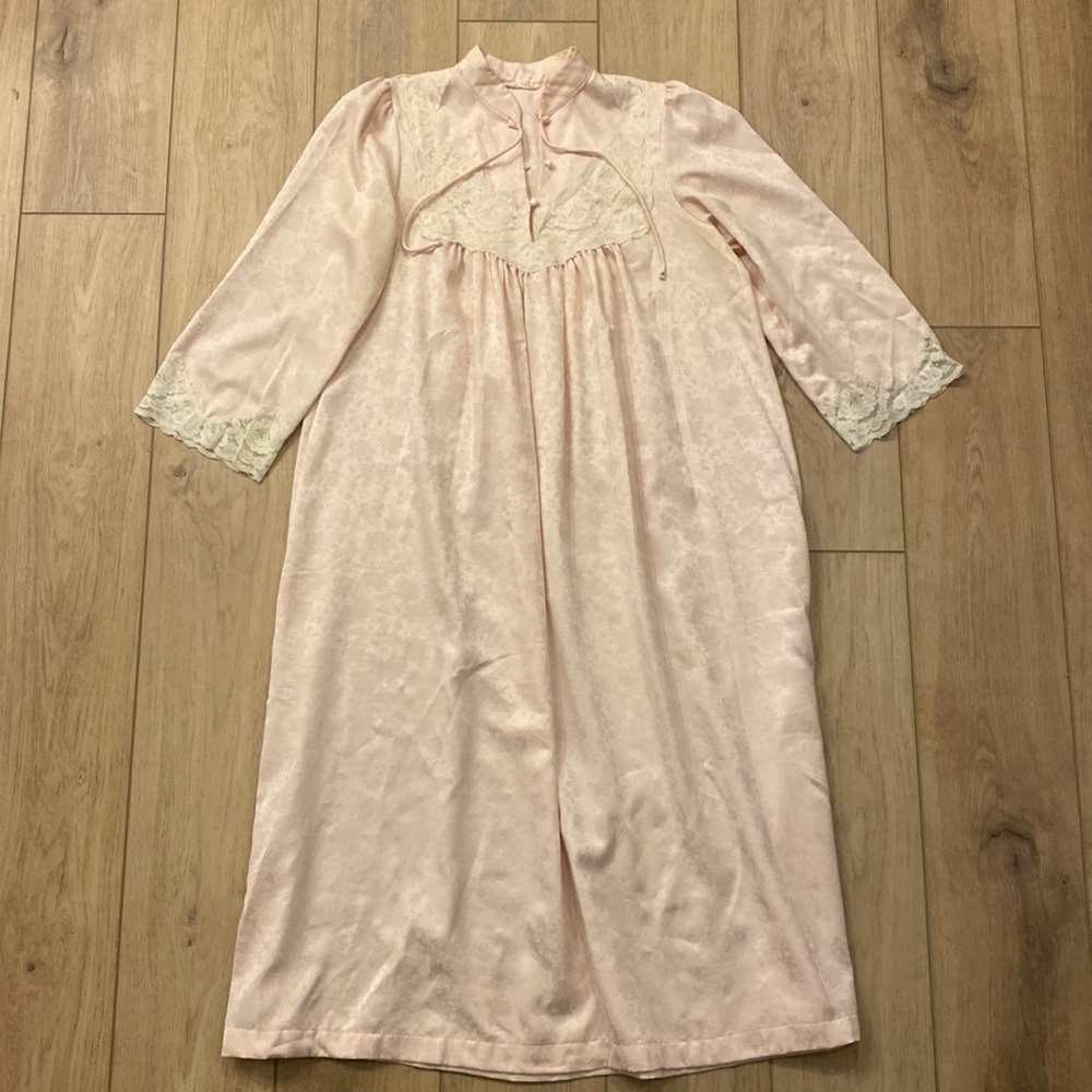 Vintage Iris Nightgown Petal Pink Satin Brocade Lace Trim Relaxed Fit